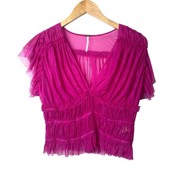 Free People Making Me Smile Pink Sheer Short Sleeve Blouse Women's Size Medium - Picture 4 of 10